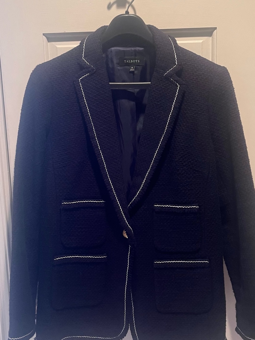 Talbots Navy Textured Blazer with White Piping